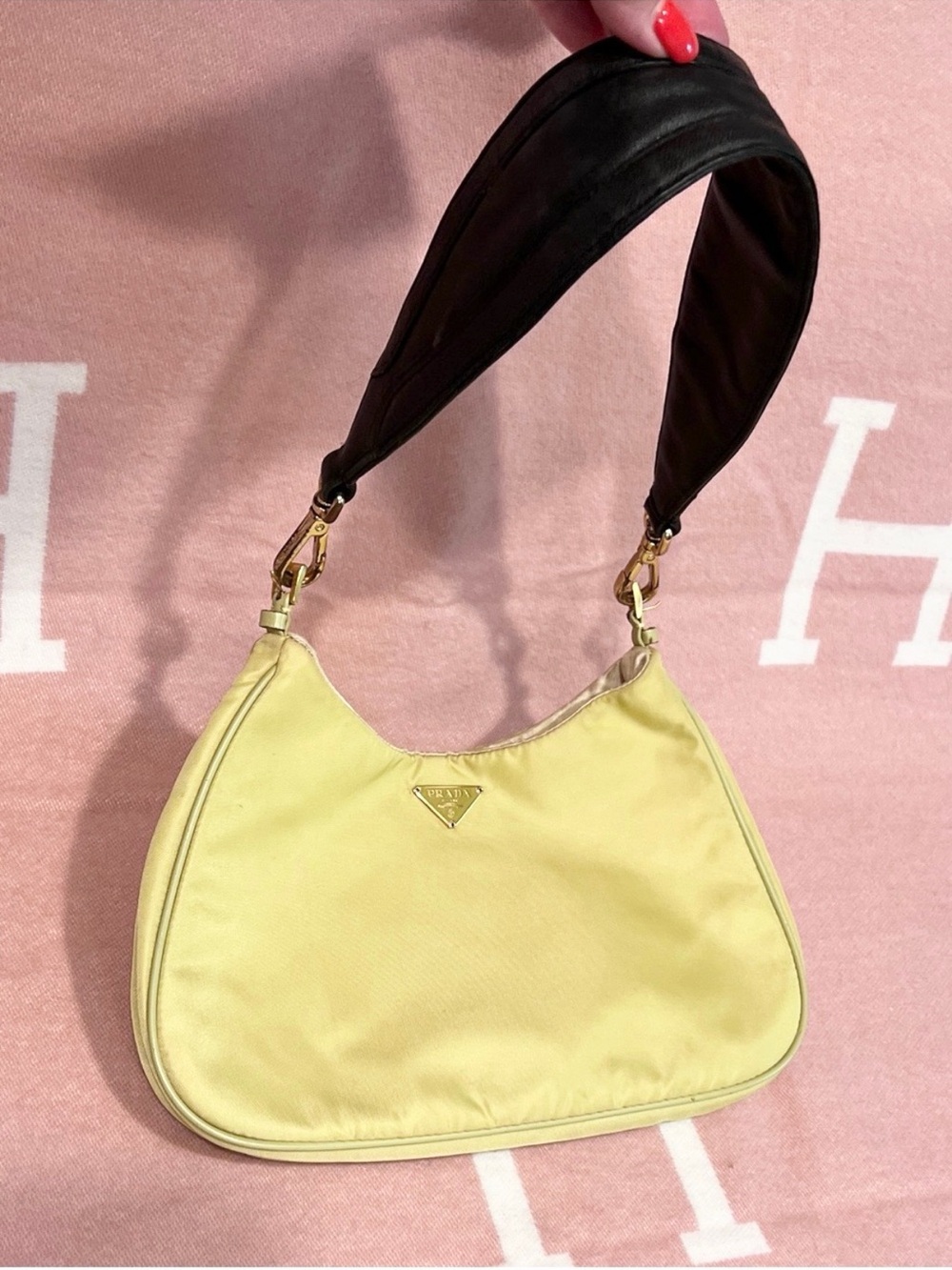 PRADA🌟Neon Yellow/green NO STAINS! Nylon Shoulder Bag. Black leather Prada add - Picture 2 of 13